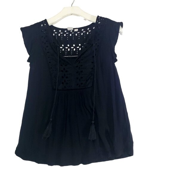 GAP Womens Blouse XSmall Key Holes Short Flutter Sleeves Semi-Sheer Tassels Boho - Picture 1 of 8